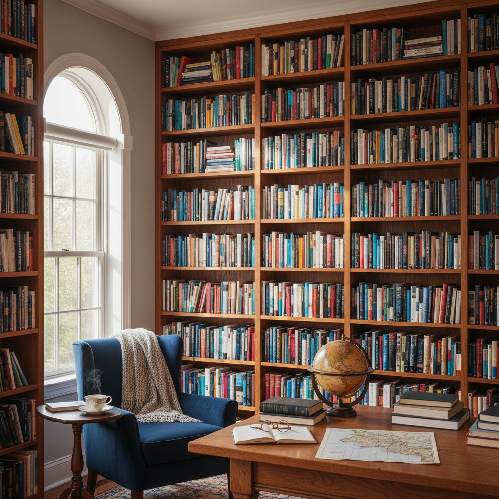 Bibliothèque ordonnée avec des livres soigneusement rangés et une lumière naturelle douce, symbolisant la connaissance, la réflexion et l'apprentissage indépendant