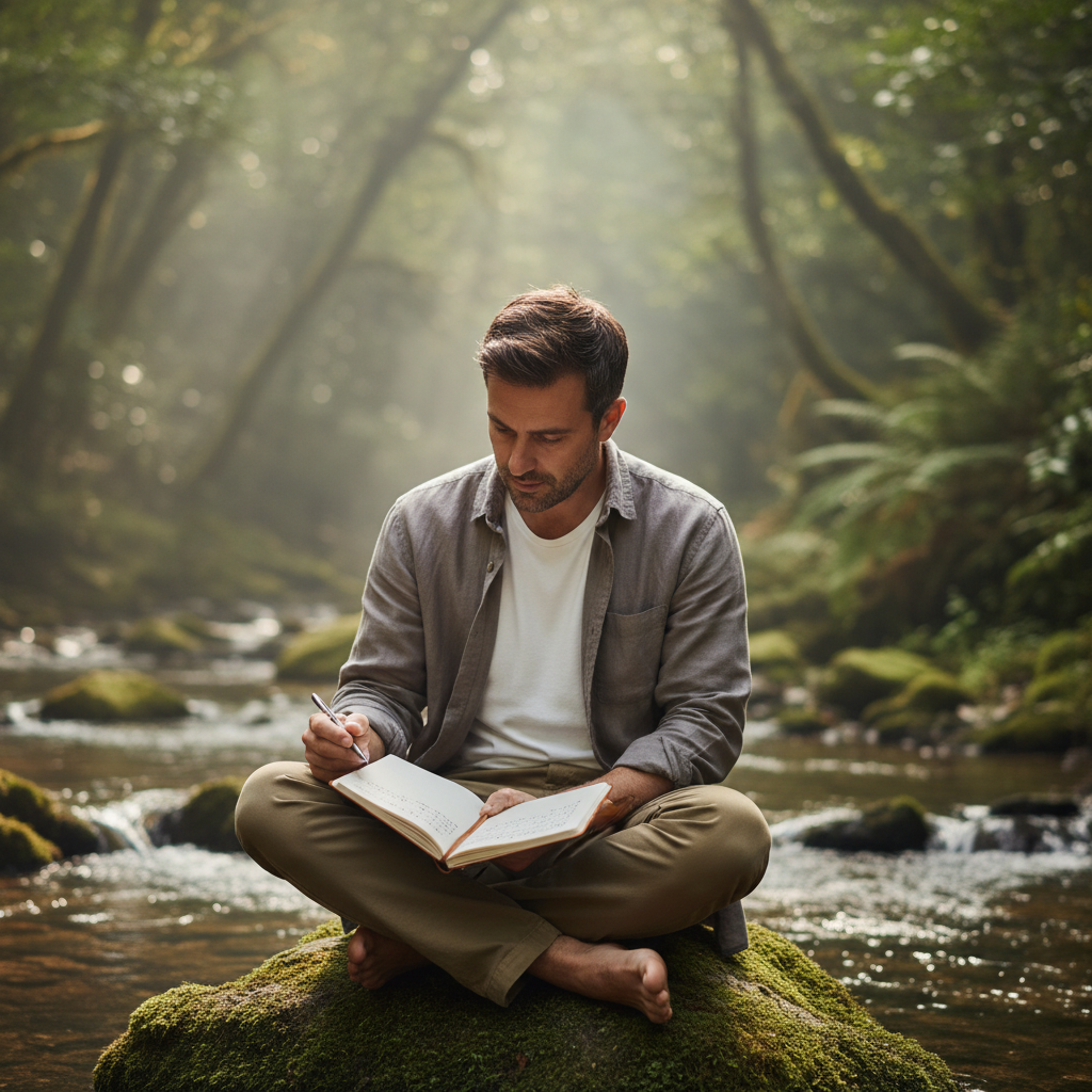 Homme en tenue décontractée assis dans un espace naturel serein, carnet de notes ouvert devant lui, évoquant la réflexion, l'apprentissage et l'introspection