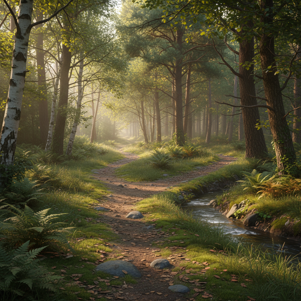 Chemin forestier serein avec une lumière diffuse traversant la canopée des arbres, représentant la diversité des voies vers le bien-être et la quête personnelle