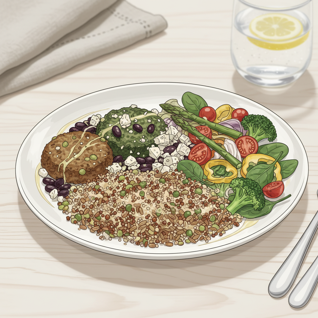 Assiette équilibrée avec des céréales complètes, des protéines végétales et des légumes, illustration d'un repas nutritif et varié