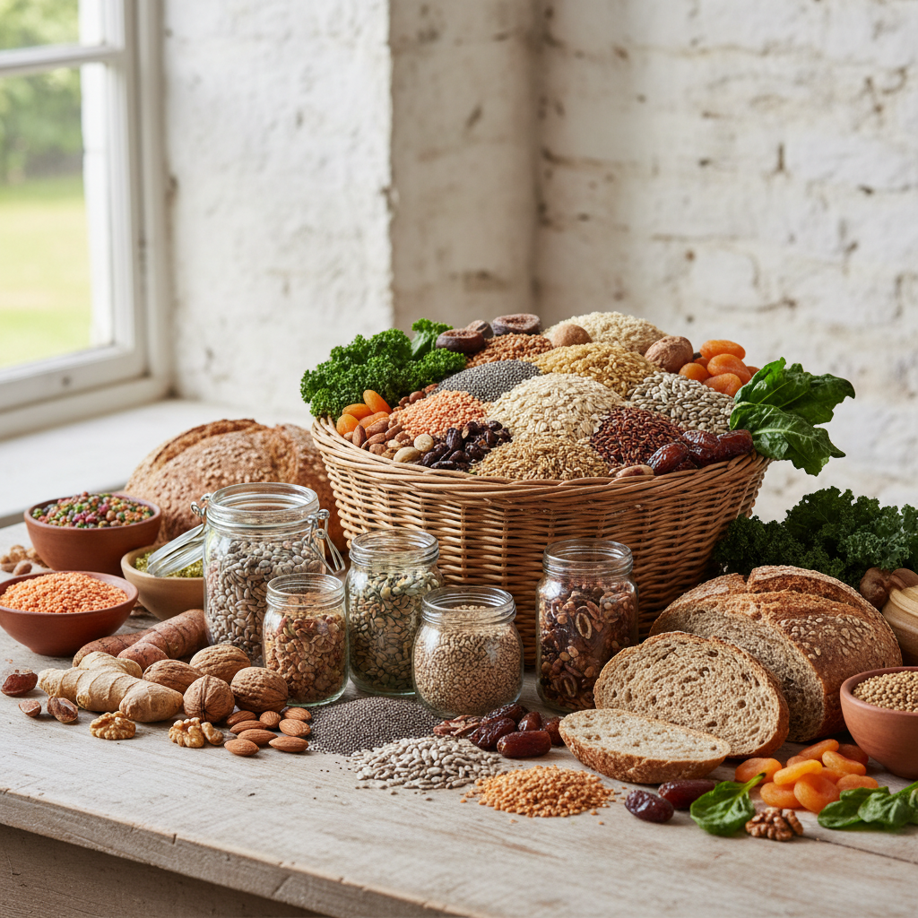 Graines, noix et aliments complets non transformés disposés sur une table, symbolisant une nutrition naturelle et non industrielle